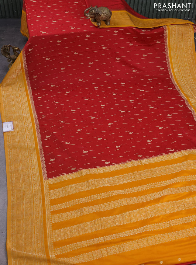 Banarasi semi crepe saree maroon and mango yellow with allover zari woven butta weaves and long zari woven border