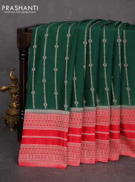 Banarasi semi crepe saree green and red with allover zari weaves and zari woven border