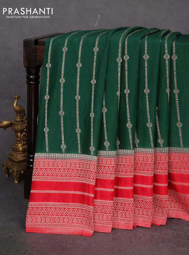 Banarasi semi crepe saree green and red with allover zari weaves and zari woven border