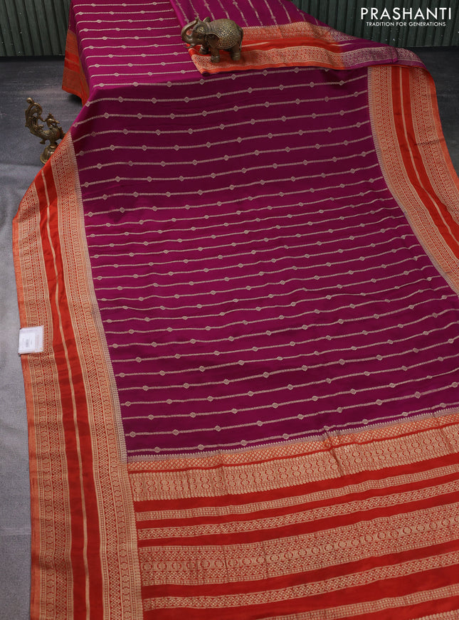 Banarasi semi crepe saree purple and orange with allover zari weaves and zari woven border