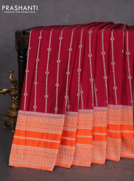 Banarasi semi crepe saree maroon and orange with allover zari weaves and zari woven border
