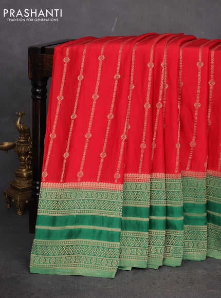 Banarasi semi crepe saree red and green with allover zari weaves and zari woven border
