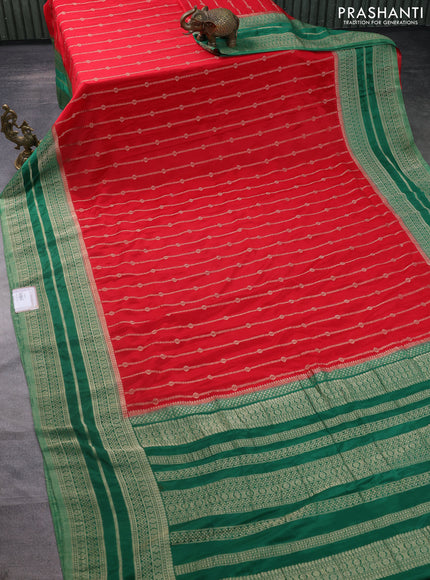 Banarasi semi crepe saree red and green with allover zari weaves and zari woven border