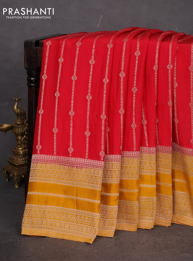 Banarasi semi crepe saree red and mustard yellow with allover zari weaves and zari woven border