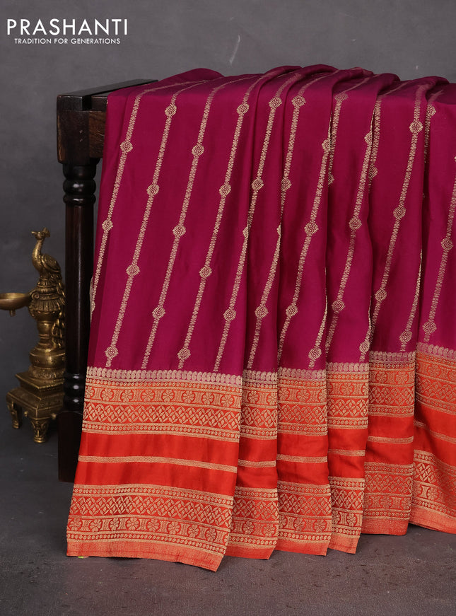 Banarasi semi crepe saree purple and orange with allover zari weaves and zari woven border