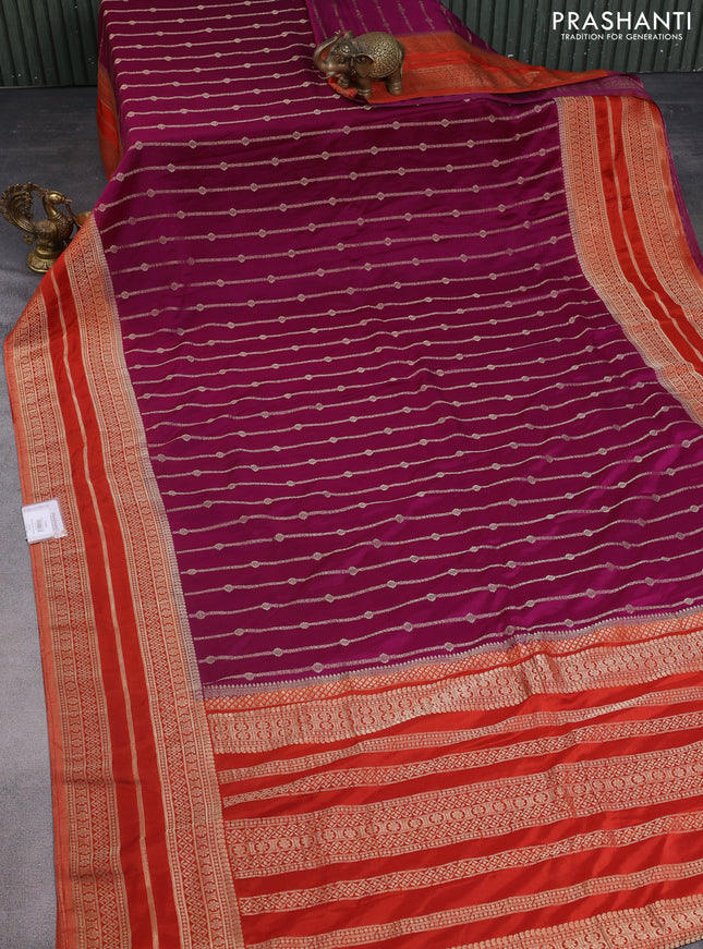 Banarasi semi crepe saree purple and orange with allover zari weaves and zari woven border