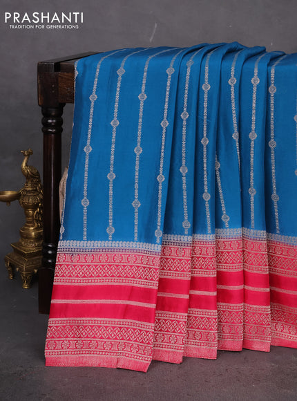 Banarasi semi crepe saree cs blue and pink with allover zari weaves and zari woven border