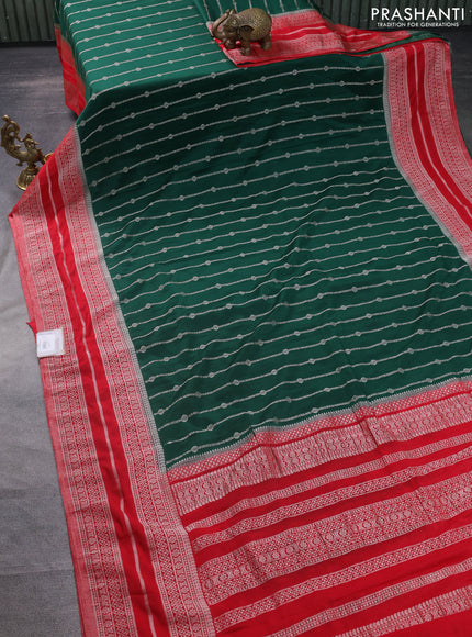 Banarasi semi crepe saree green and red with allover zari weaves and zari woven border