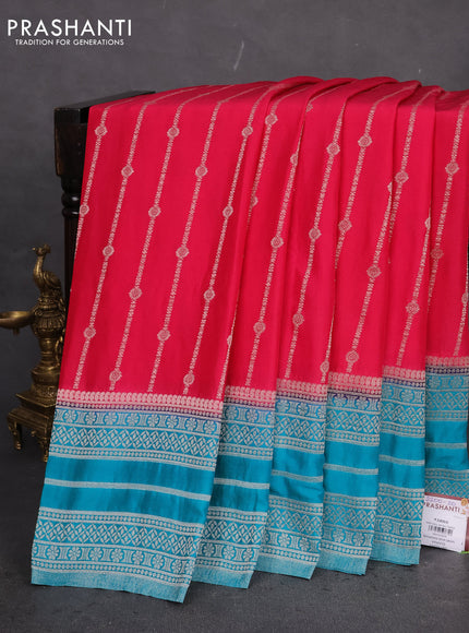 Banarasi semi crepe saree pink and teal blue with allover zari weaves and zari woven border