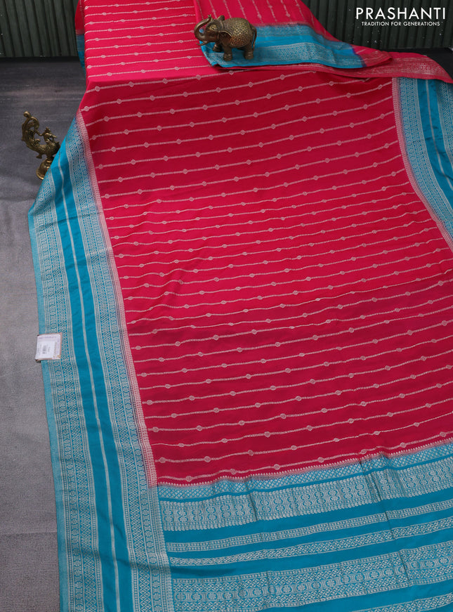 Banarasi semi crepe saree pink and teal blue with allover zari weaves and zari woven border