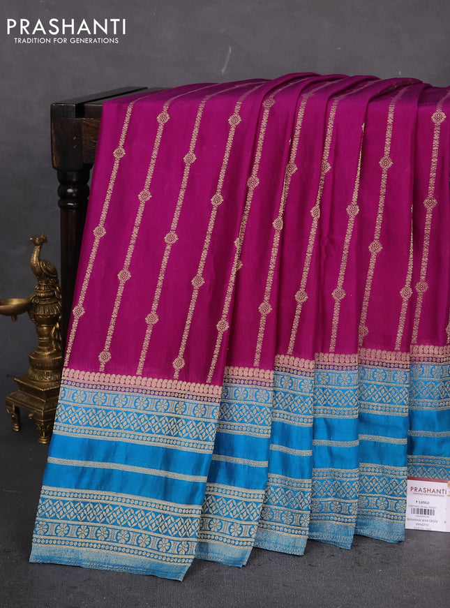 Banarasi semi crepe saree purple and cs blue with allover zari weaves and zari woven border