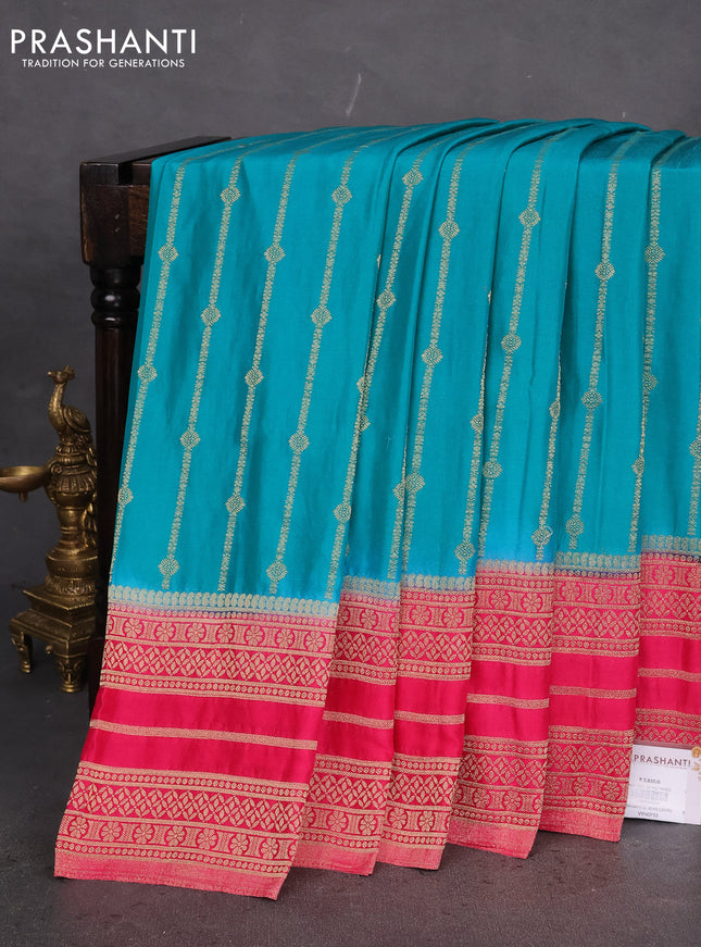 Banarasi semi crepe saree teal blue and pink with allover zari weaves and zari woven border