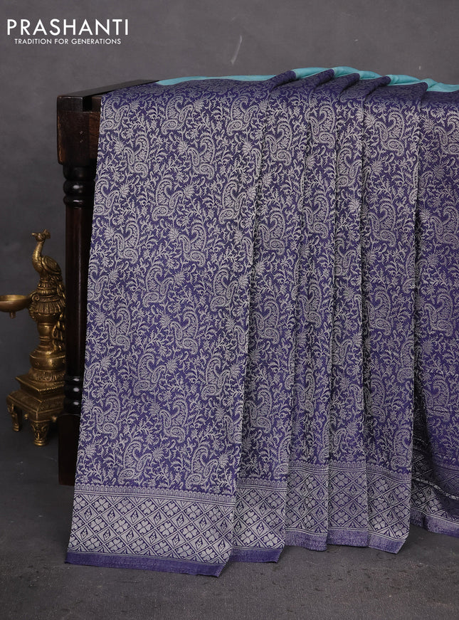 Banarasi semi crepe saree teal blue and navy blue with allover woven buttas and long silver zari woven border