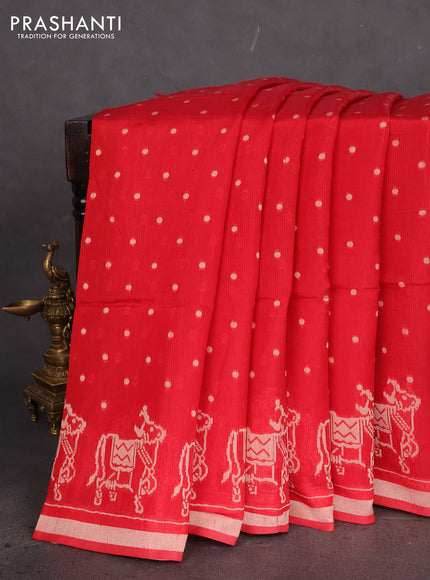 Semi tussar saree red with allover polka dot weaves and patola weaving pallu