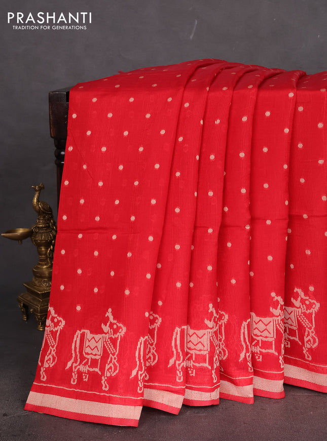 Semi tussar saree red with allover polka dot weaves and patola weaving pallu