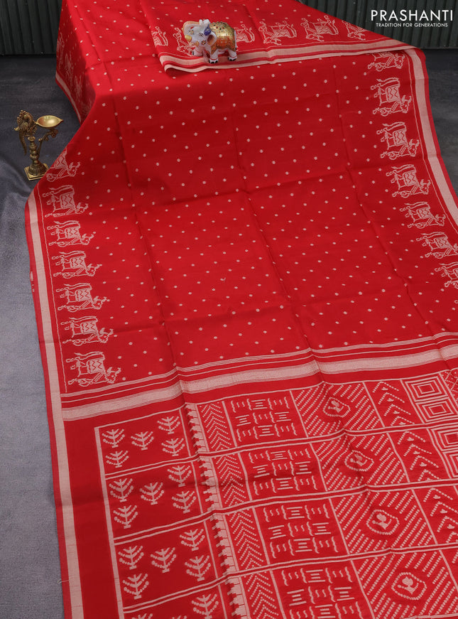 Semi tussar saree red with allover polka dot weaves and patola weaving pallu