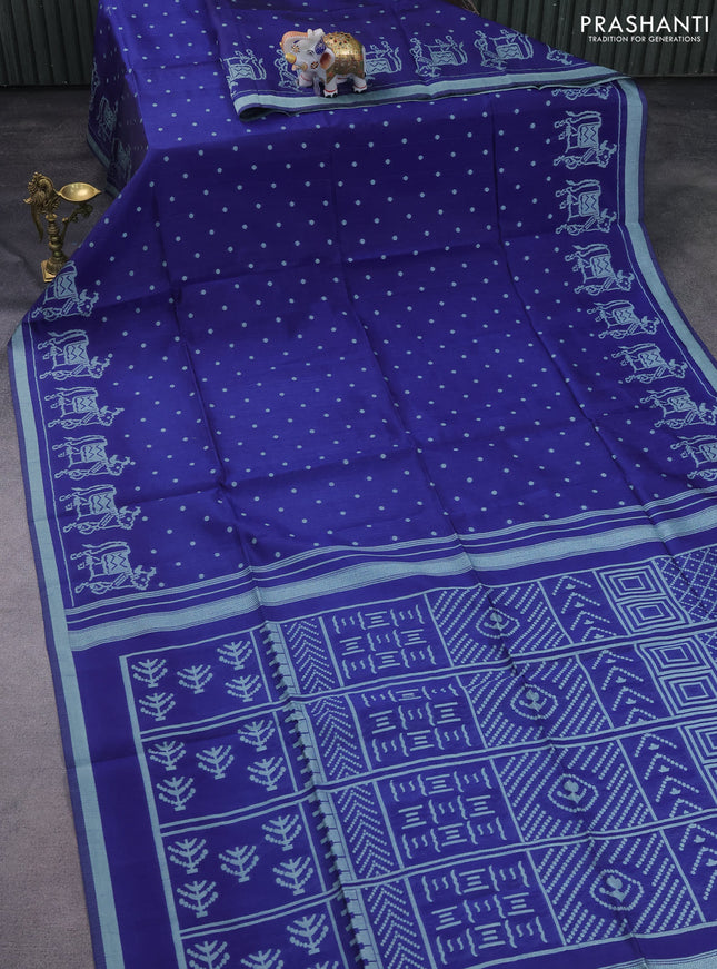 Semi tussar saree dark blue with allover polka dot weaves and patola weaving pallu