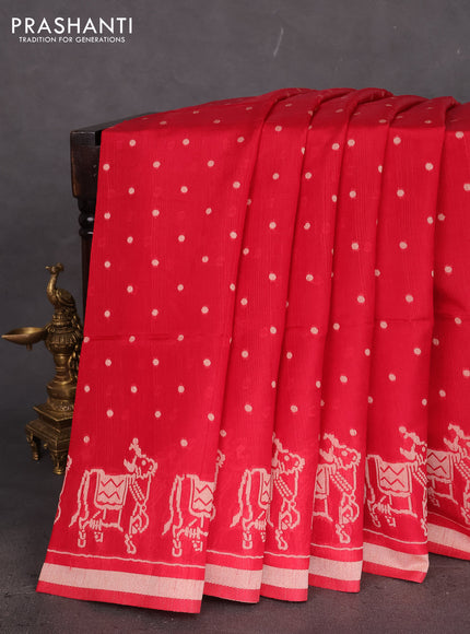 Semi tussar saree red with allover polka dot weaves and patola weaving pallu
