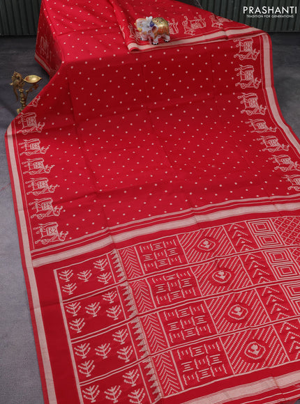 Semi tussar saree red with allover polka dot weaves and patola weaving pallu