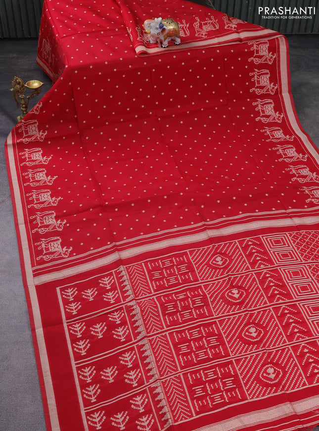 Semi tussar saree red with allover polka dot weaves and patola weaving pallu