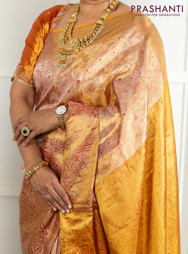 Kanchipuram tissue silk saree dual shade of pink and red with allover zari woven brocade weaves and zari woven border