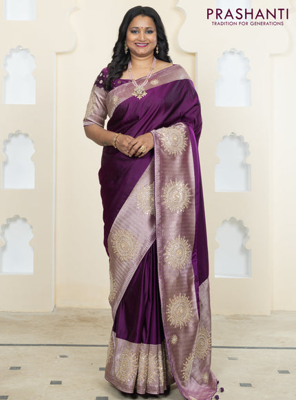 Banarasi silk saree purple with plain body and embroidery butta border