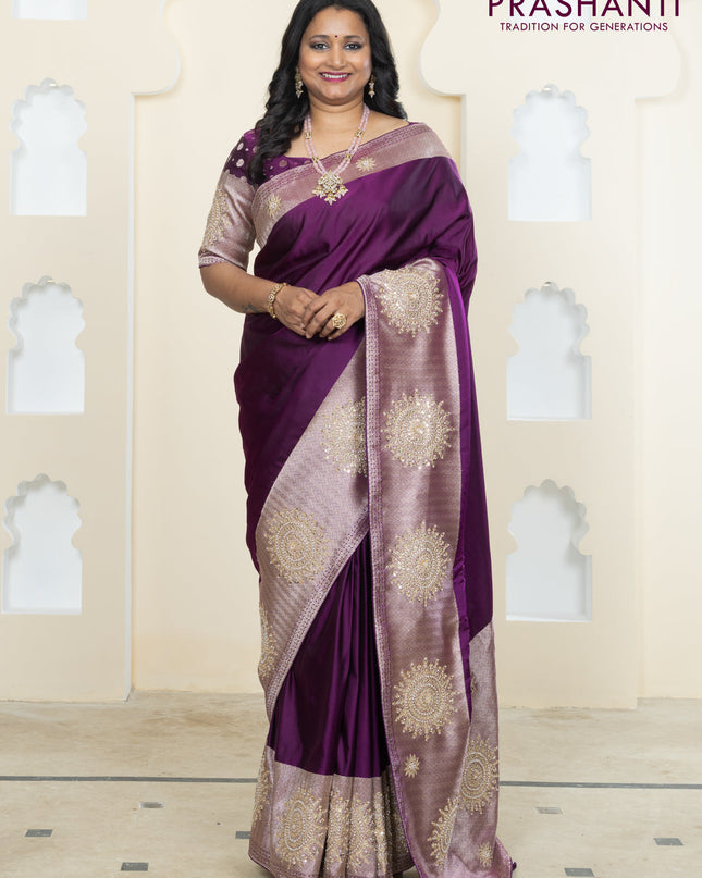 Banarasi silk saree purple with plain body and embroidery butta border