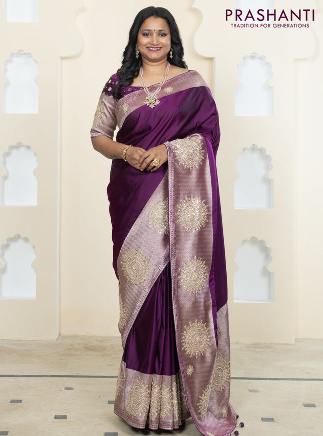 Banarasi silk saree purple with plain body and embroidery butta border