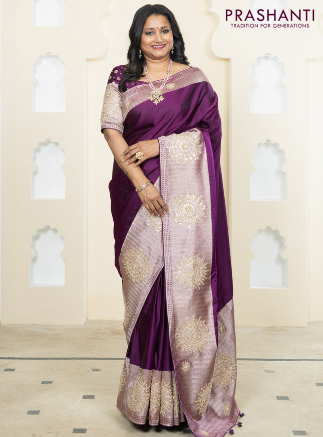 Banarasi silk saree purple with plain body and embroidery butta border
