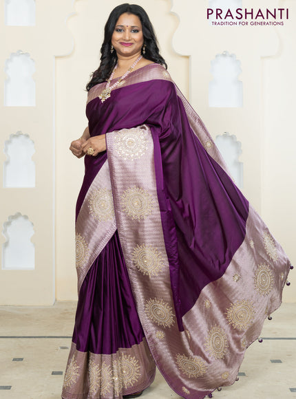 Banarasi silk saree purple with plain body and embroidery butta border