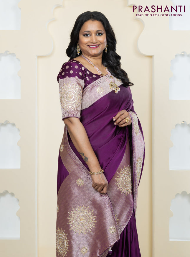 Banarasi silk saree purple with plain body and embroidery butta border