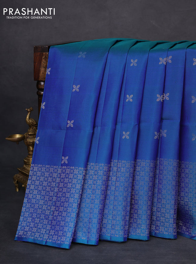 Pure soft silk saree dual shade of bluish green with silver zari woven buttas and long silver zari woven border