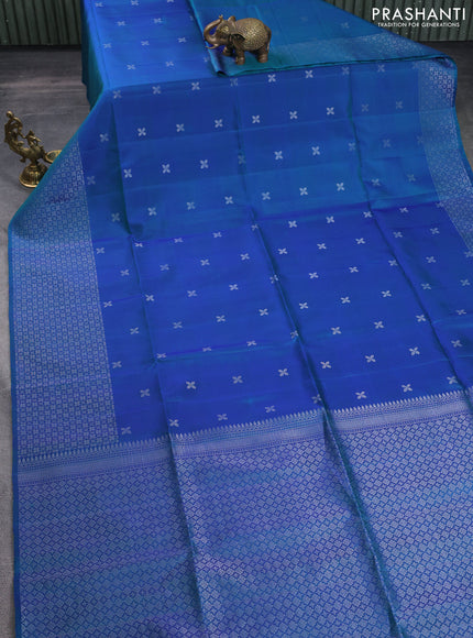 Pure soft silk saree dual shade of bluish green with silver zari woven buttas and long silver zari woven border
