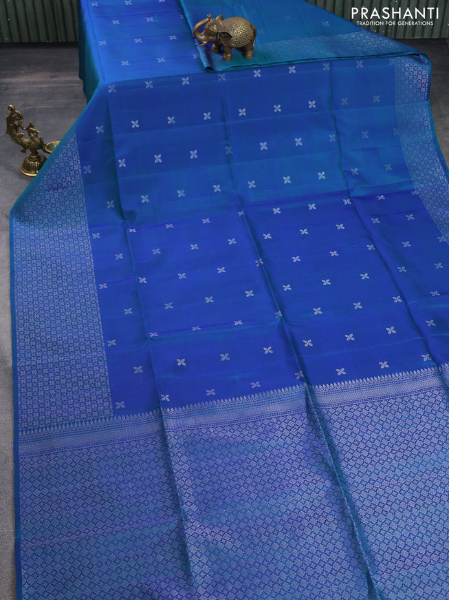 Pure soft silk saree dual shade of bluish green with silver zari woven buttas and long silver zari woven border