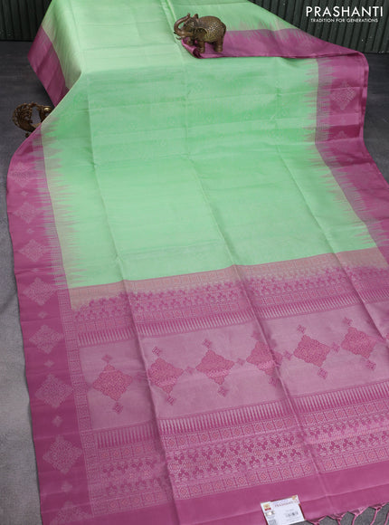 Pure soft silk saree pista green and mauve pink with allover zari woven geometric weaves and silver zari woven border