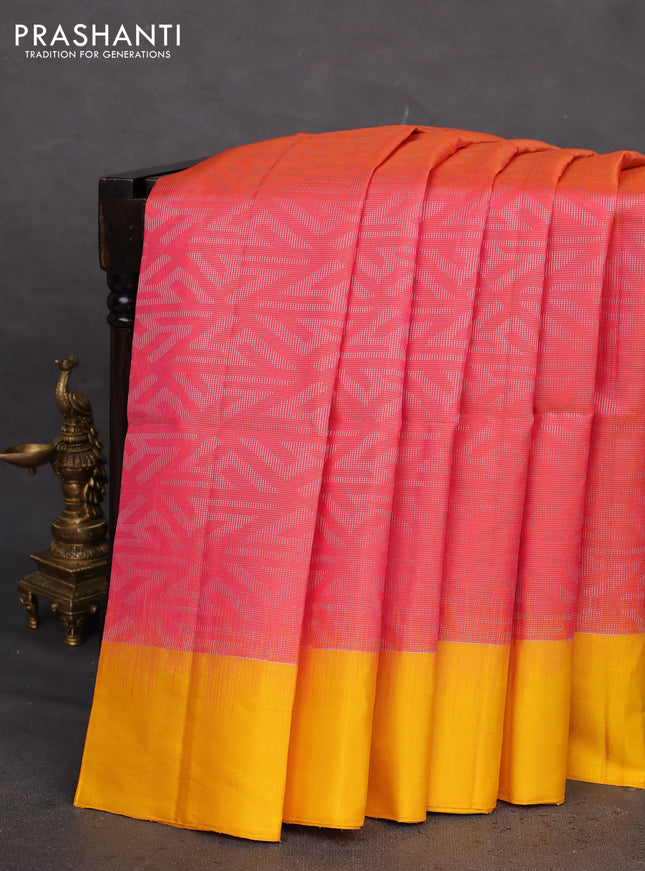 Pure soft silk saree pink and yellow with allover zari woven geometric weaves and simple border
