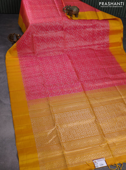 Pure soft silk saree pink and yellow with allover zari woven geometric weaves and simple border
