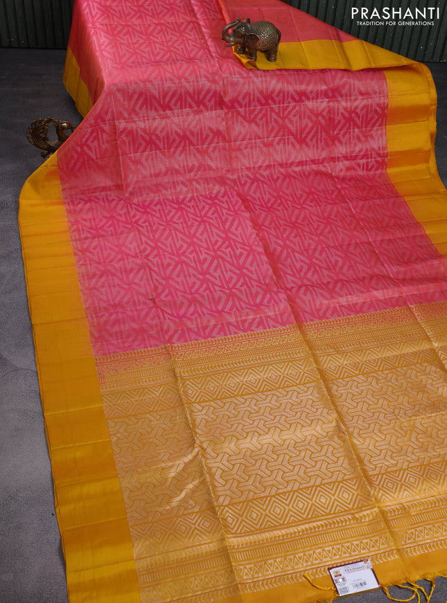 Pure soft silk saree pink and yellow with allover zari woven geometric weaves and simple border