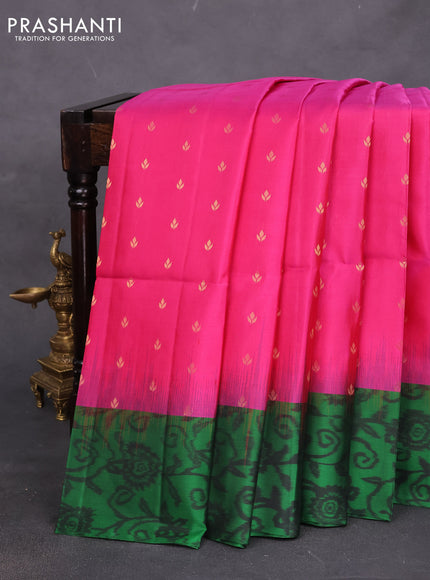 Pure soft silk saree pink and green with allover zari woven buttas and ikat syle border