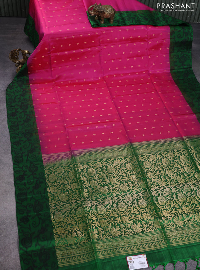 Pure soft silk saree pink and green with allover zari woven buttas and ikat syle border