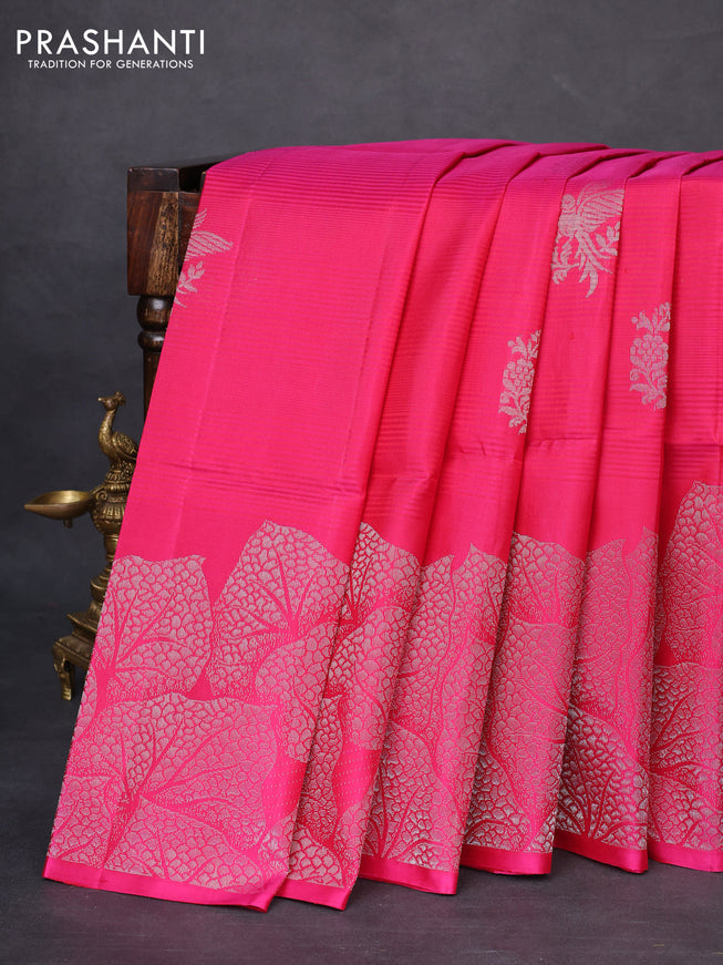 Pure soft silk saree pink with silver zari woven buttas and long silver zari woven border