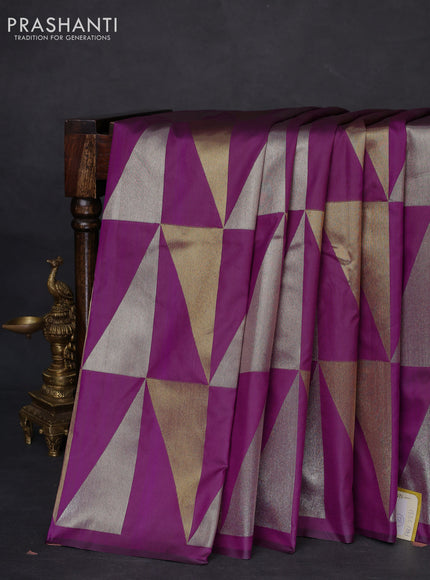 Semi soft silk saree purple with allover silver & gold geometric weaves in borderless style