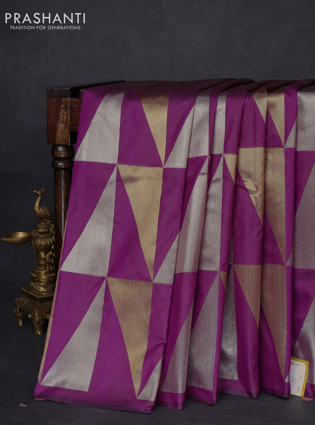 Semi soft silk saree purple with allover silver & gold geometric weaves in borderless style