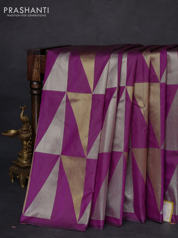 Semi soft silk saree purple with allover silver & gold geometric weaves in borderless style