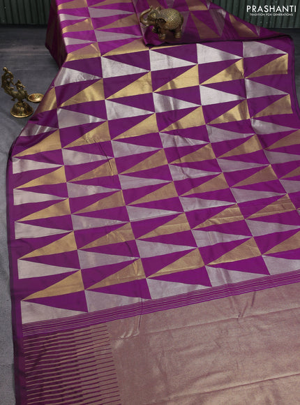 Semi soft silk saree purple with allover silver & gold geometric weaves in borderless style
