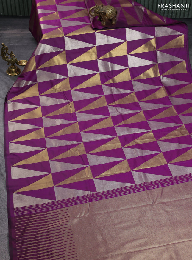 Semi soft silk saree purple with allover silver & gold geometric weaves in borderless style