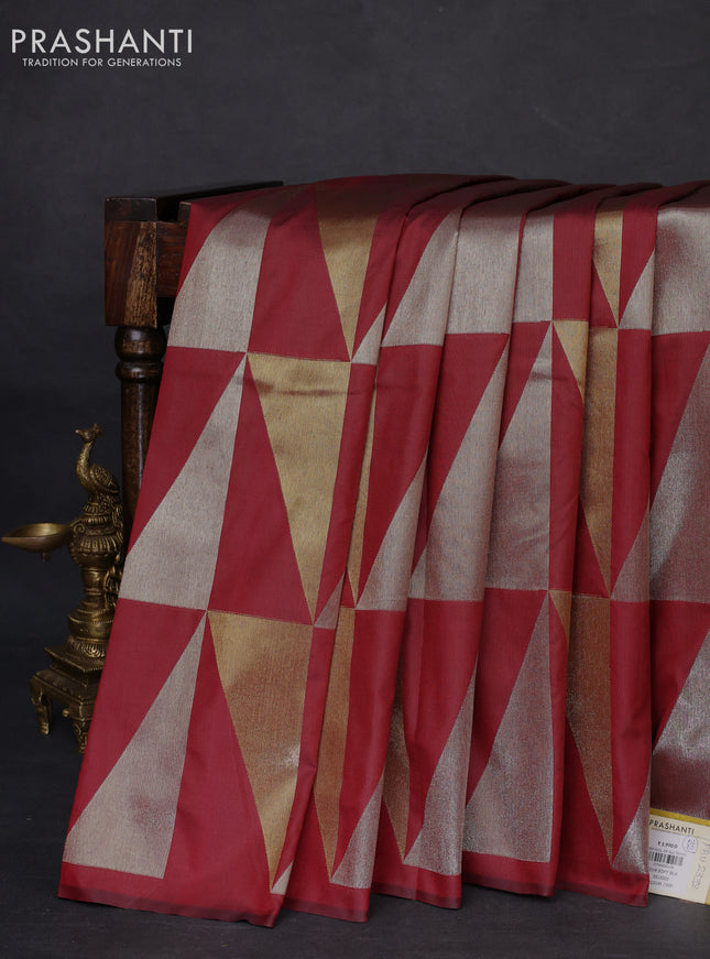 Semi soft silk saree maroon with allover silver & gold geometric weaves in borderless style