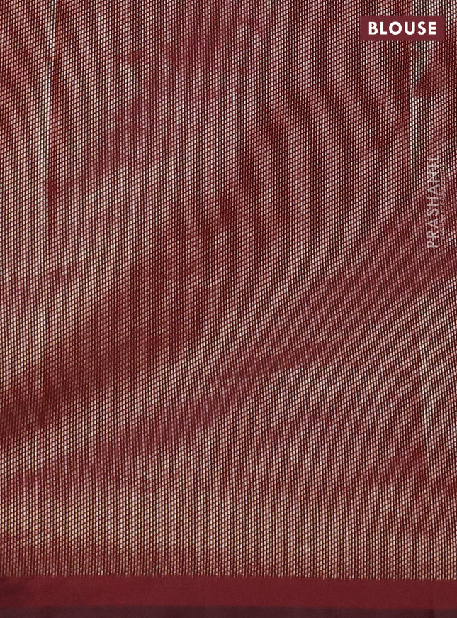 Semi soft silk saree maroon with allover silver & gold geometric weaves in borderless style