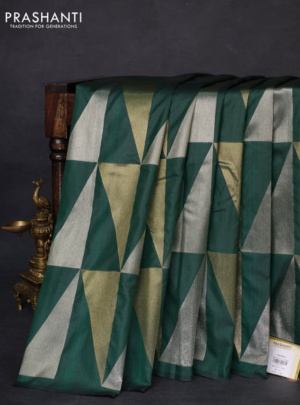 Semi soft silk saree green with allover silver & gold geometric weaves in borderless style