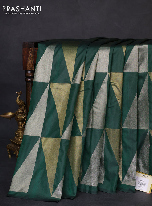Semi soft silk saree green with allover silver & gold geometric weaves in borderless style